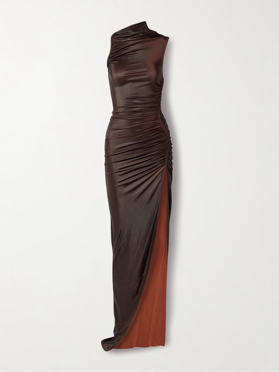 Rick Owens Dresses & Skirts - Rick Owens One-Shoulder Ruched Satin Gown in Dark Brown and Rust